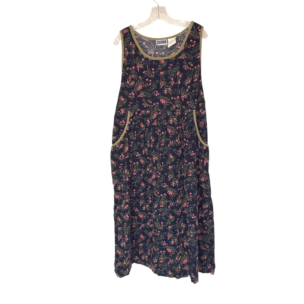 VTG Women's Corduroy Maxi Dress Blue Floral Cotton Cottage Jumper Prairie‎  XL